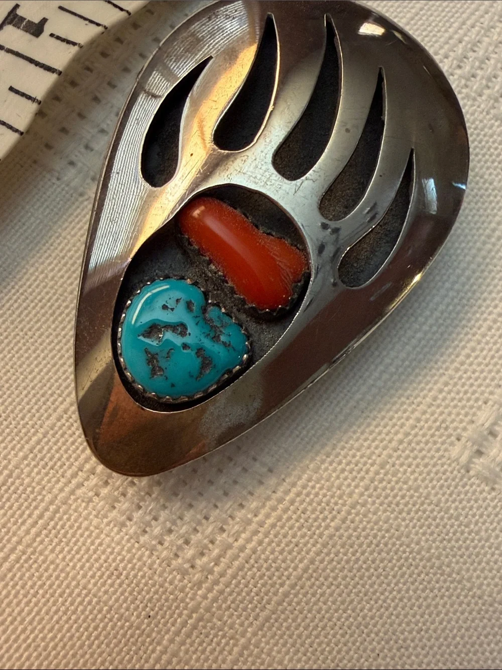 925 bolo tie slide, bear claw design with turquoise and red coral